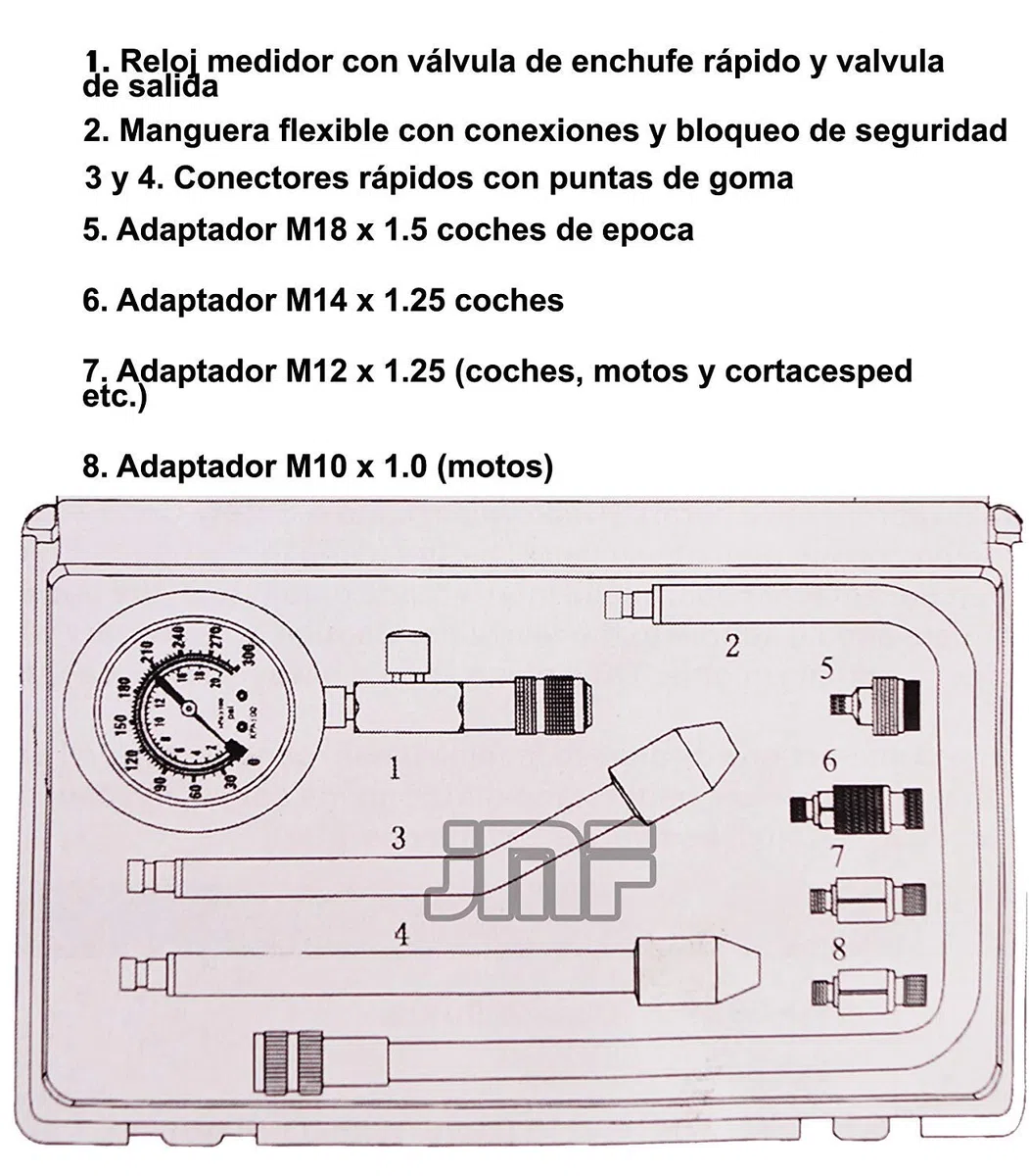 JOMAFA Compresimetro gasolina comprobador de compresion para motores gasolina universal, 8 piezas