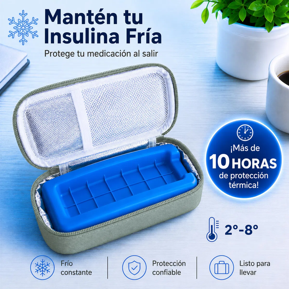 Nevera Insulina Portátil — Estuche Frío para Insulina y Medicamentos, Bolsa Isotérmica Viaje 21x9x6cm con Porta Plumas, Bolsa de Hielo Reutilizable, Forro Aluminio para Diabéticos (Verde)