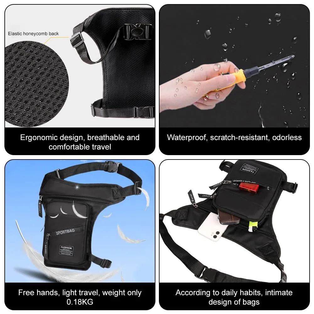 Pernera Moto, Bolsa Pierna Moto, Impermeable, de Nailon, para,otocicleta, con Cierre de Cremallera, para Hombres y Mujeres, Riñonera con Correas para Piernas Extraíbles para Ciclismo, Negro