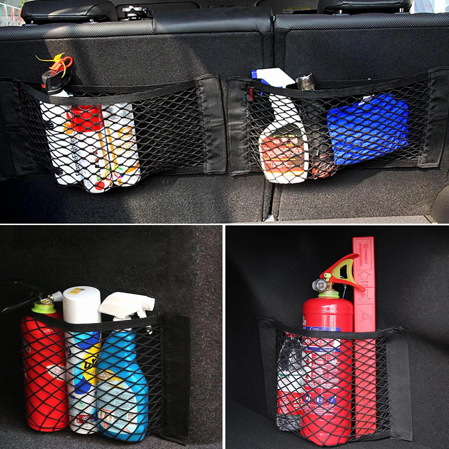 Red Maletero de Coche, Almacenamiento Red se Extiende hasta 140x100CM, con 2 PCS Organizador Bolsa de Red +4 Mosquetones+4 Ganchos ABS, el Borde elástico sujeta Las Cargas con Mayor firmeza