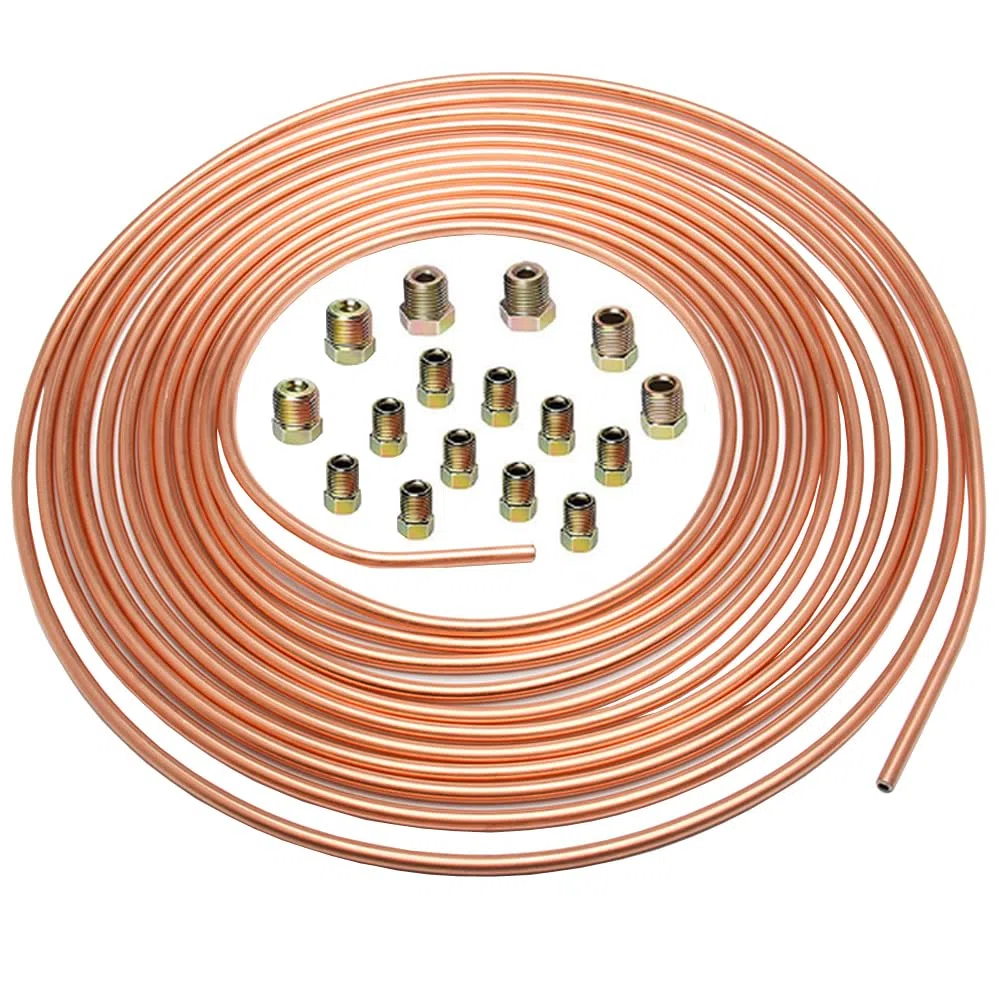6,35mm Tubo de Freno de Cobre para Auto 1/4" Kit de Línea de Freno Manguera de Freno Recubierta de Cobre Reemplazo Automóvil Tubería de Freno Aceite 7,6m de 16 Tuercas