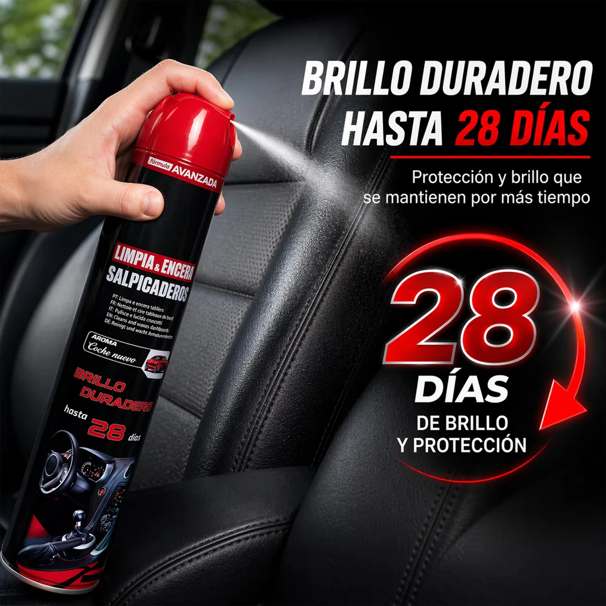 Limpiador Salpicadero Coche con Cera Spray – Limpia, Protege y Da Brillo Interior Auto – Antipolvo, Antigrasa, Aroma Coche Nuevo, Acabado Natural No Graso – Brillo Duradero hasta 28 Días