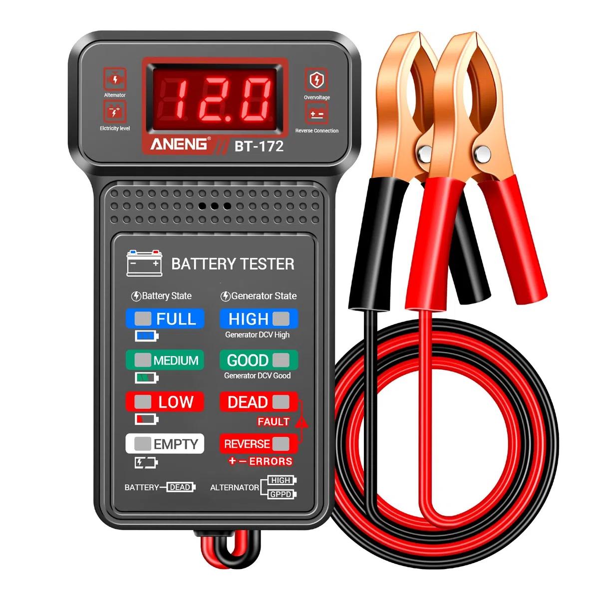 ANENG Comprobador de Batería de Coche,12V,Comprobador Digital de Batería de Coche,Analizador de Carga de Alternador con Pantalla LCD y LED,Indicador de Voltaje Para Coches y Herramientas Eléctricas