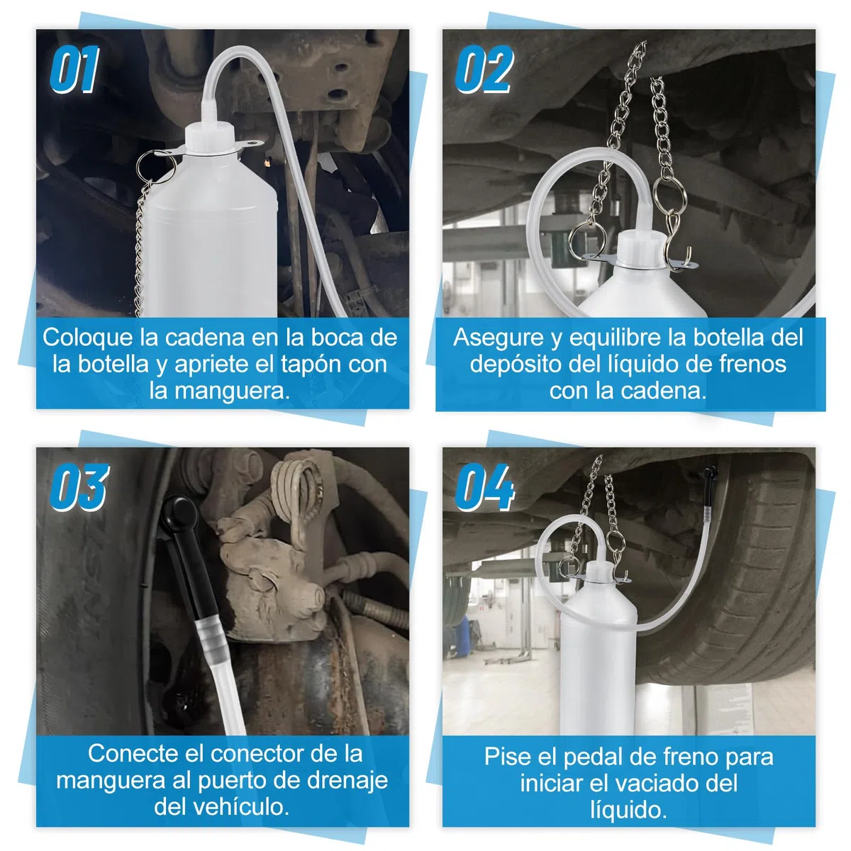 Purgador Frenos Coche, Deposito Liquido de Frenos 1L con Manguera de 60 cm y Adaptador de Goma, Psangrador de Frenos Moto, Apto para la Mayoría de los Sistemas de Purga de Frenos