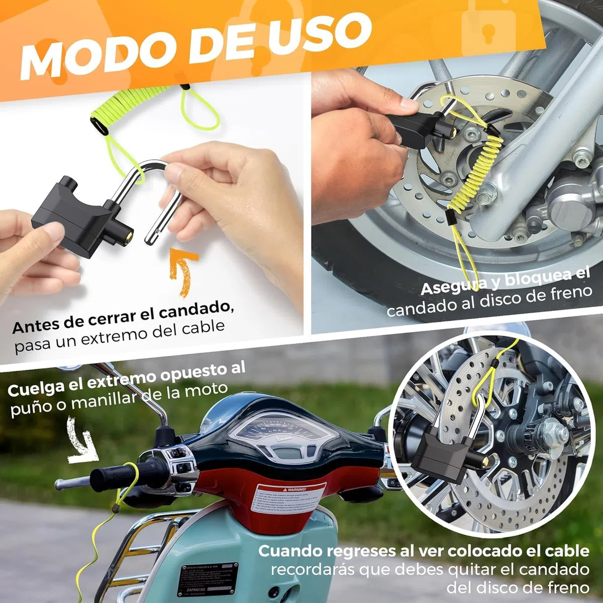Candado para Moto Alarma 110dB para Antirrobo de Patinetes y Bicicletas - Disco de Freno con Cable Recordatorio de 1.5m y Pilas Incluidas de Acero Inoxidable