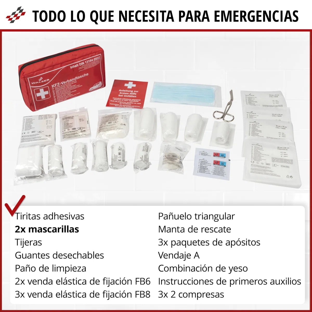 WALSER Bolsa de primeros auxilios para coche 2026, kit de primeros auxilios, bolsa de primeros auxilios DIN 13164:2022, kit de primeros auxilios rojo 44283
