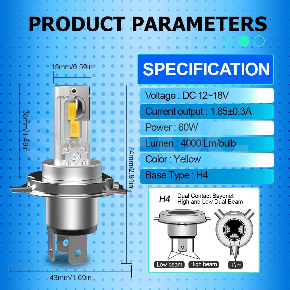 SOFOC H4 Bombilla 9003/HB2 Led 500% Más Brillante Que Las Halógenas Faros Antiniebla Para Motocicletas/Automóviles Amarillo DC 12V-18V 60W 4000 Lm P43T Diseño De Haz Alto Y Bajo 1Pcs