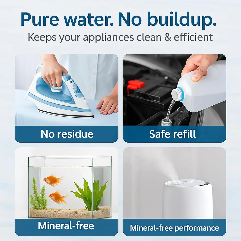 GiDeli Agua desmineralizada, 3 x 1 L, agua destilada para planchas, baterías, radiadores, humidificadores, acuarios y laboratorios, agua sin cal, inodoro, transparente