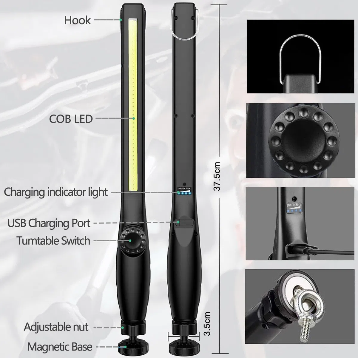 Linterna de Trabajo COB LED Recargable Iman Profesional, Linterna Trabajo LED Recargable USB, Luz de Trabajo Portatil, con Gancho, Base Imán, Cable USB para Casa Auto Camping Emergencia Reparacion