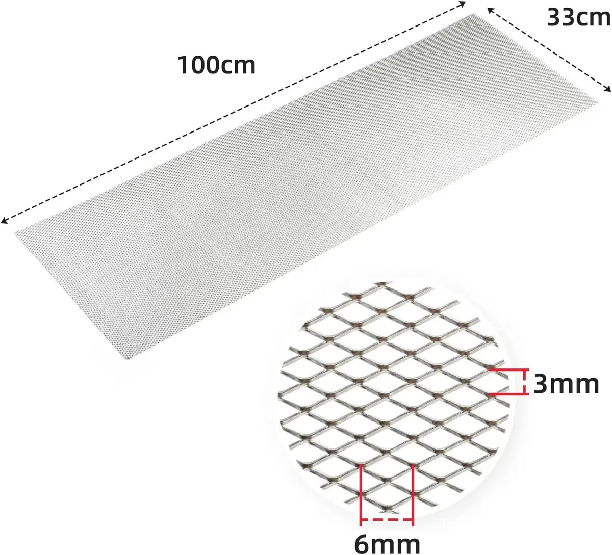 Rejilla de Coche de automóvil de 100 * 33 cm, Rejilla Central Universal Malla Rejilla de Aleación de Aluminio,forma de rombo de 3 x 6 mm + 2 ganchos para asiento (plata)
