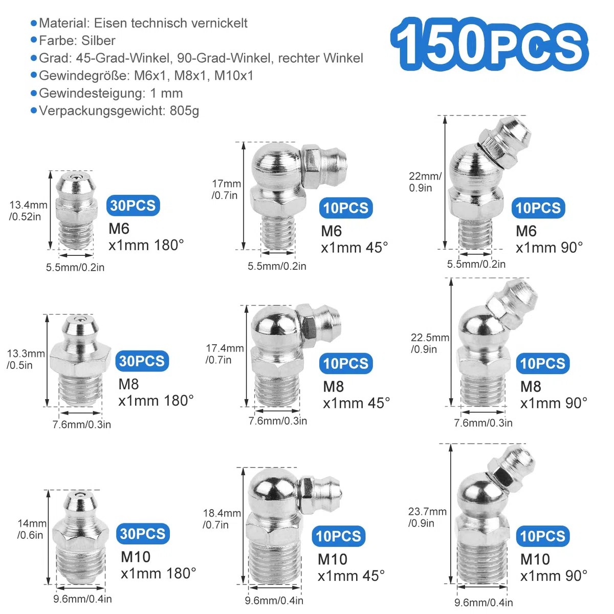 ENUTROF Surtido de Engrasadores 150PCS M6 M8 M10 Boquilla Engrasadora Racores de Boquilla de Engrase Engrasador 45° 90° 180° con Caja de Almacenamiento para Equipos Mecánicos Pistolas Engrasadoras