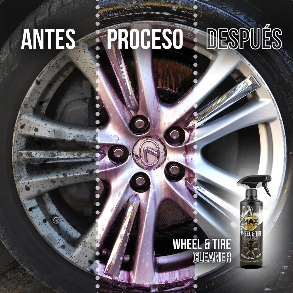 MAX DETAIL-LAB - Wheel & Tire - Limpia Llantas Coche Sin Ácido, Iron Cleaner Descontaminante Ferrico, Triple Acción Sin Frotar, Desengrasante Abrillantador, Kit Limpieza Detailing Profesional 500ml
