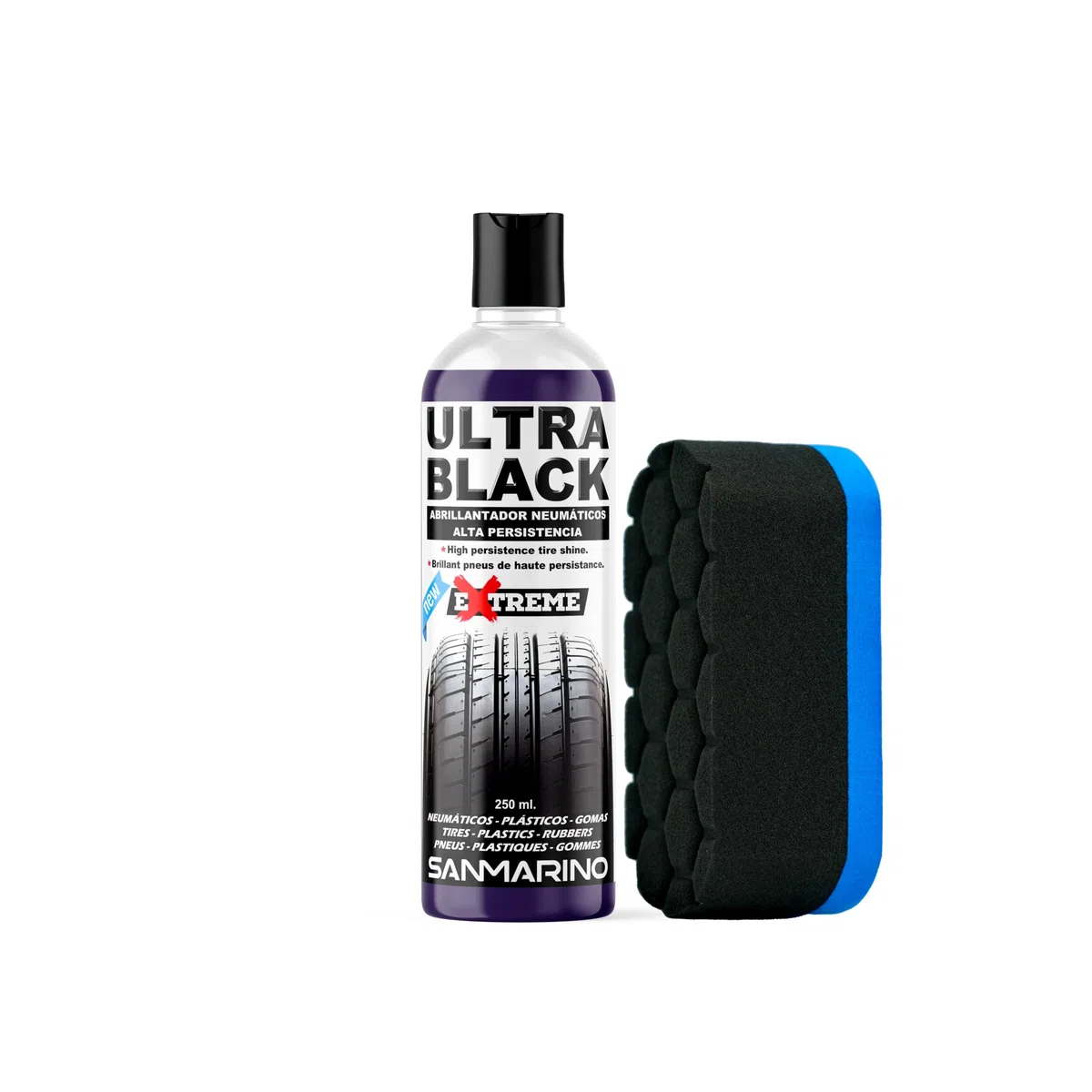 LIMPIARCOCHE.COM SANMARINO. ABRILLANTADOR DE NEUMATICOS Y PLASTICOS Ultra Black 250 ML. + Esponja TÉCNICA