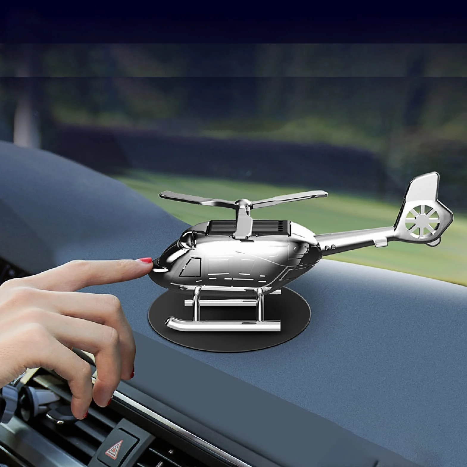 Ambientador solar de helicóptero para coche, difusor de aromaterapia, adorno para vehículos con 3 tabletas de fragancia para decoración de interiores y automóviles (plateado)