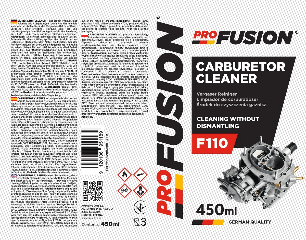 ProFusion Limpia Carburadores Pack de 3 - Carburetor Cleaner - Elimina los Depósitos de Carbono, Polvo y Alquitrán - Aditivo para Limpiar Válvula EGR - 450 ml