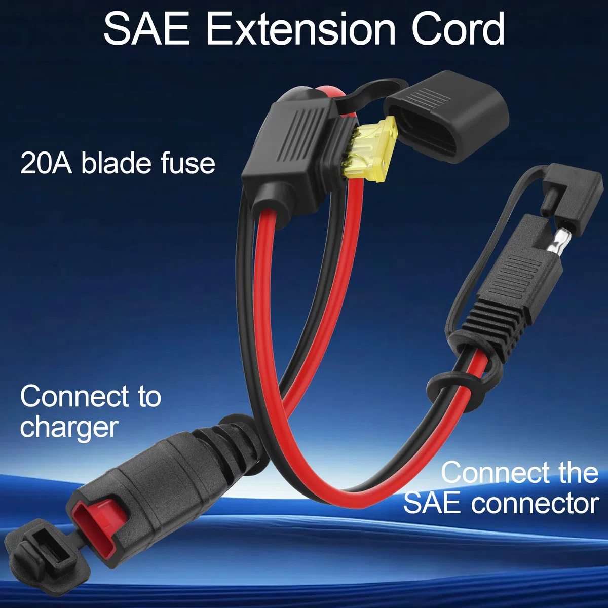 2 cables de extensión SAE, cable SAE de cargador de batería para cargadores inteligentes Genius, fusible de 20 A, cable conector impermeable de 12 V/24 V para motocicleta, ATV UTV, Harley