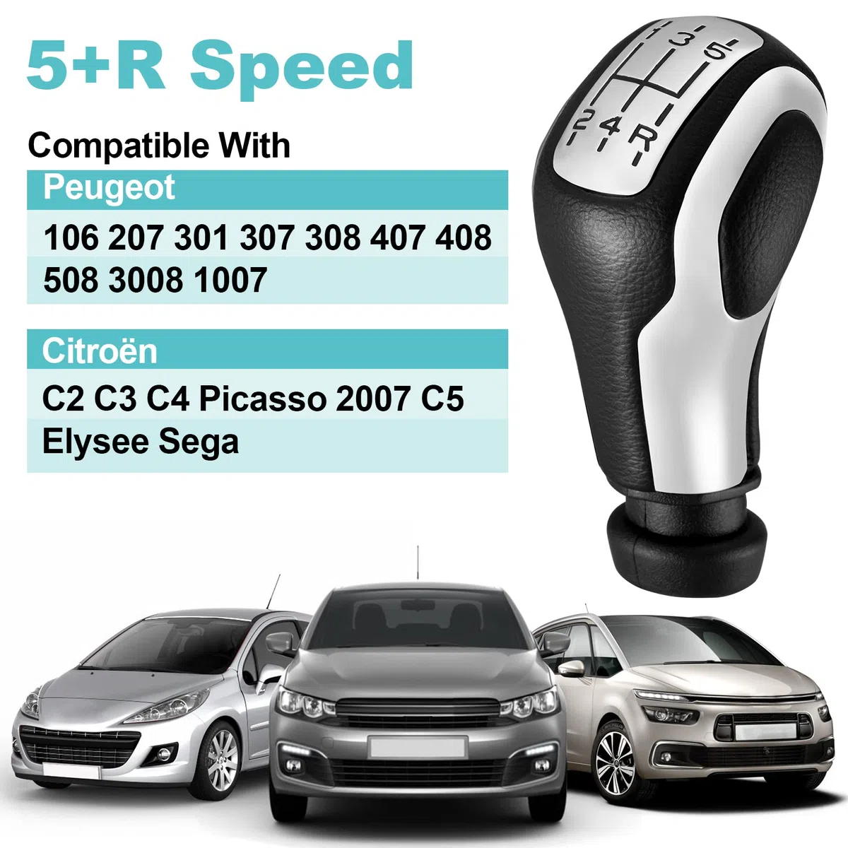 Spurtar Cuero Pomos de Palanca de Cambios 5 Velocidades Manual Palanca de velocidad del coche para Peugeot 206 207 208 306 307 308 1007 3008 para Citroen C1 C2 C3 C4 con Adaptador