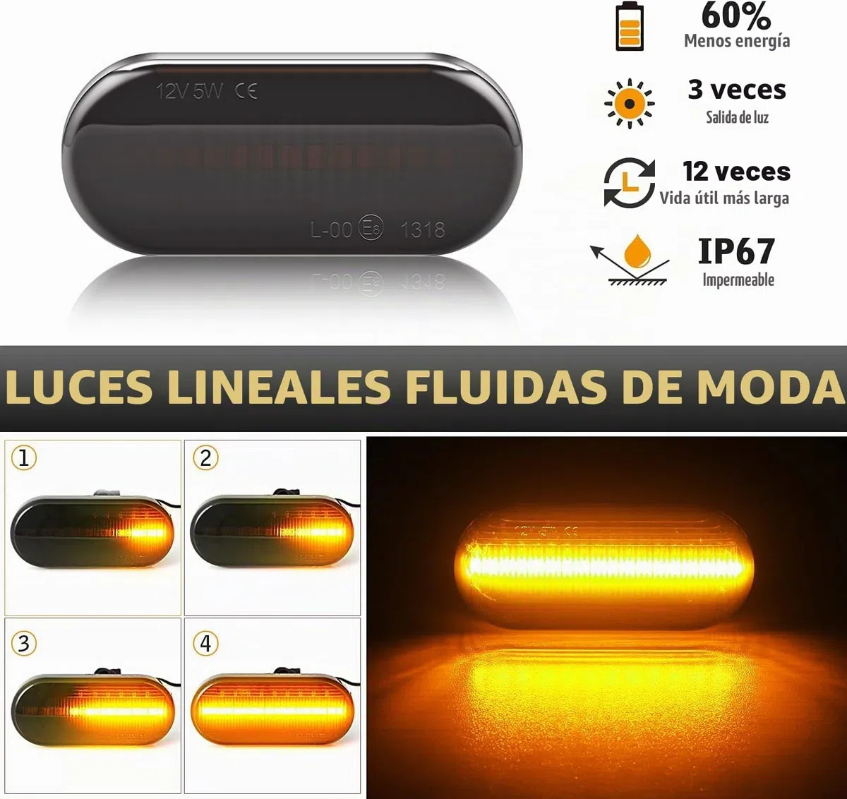 LED Intermitentes Laterales Dinamicos Amarillo ámbar Coche Luz Intermitentes Para VW Polo Bora Golf J-etta P-assat Sharan Vento Fiesta C-Max Focus Fusion Galaxy Ibiza Leon Skoda Octavia 1U (Negro)