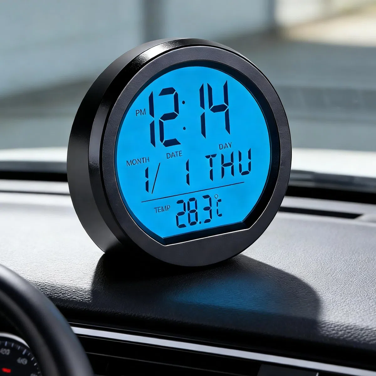 Digital Reloj Termómetro Para Coche, Reloj Digital Para Salpicadero De Coche Con Termómetro Y Calendario, Energía Solar Redondo Reloj Pantalla Tiempo/Fecha/Temperatura Para Coches Universales