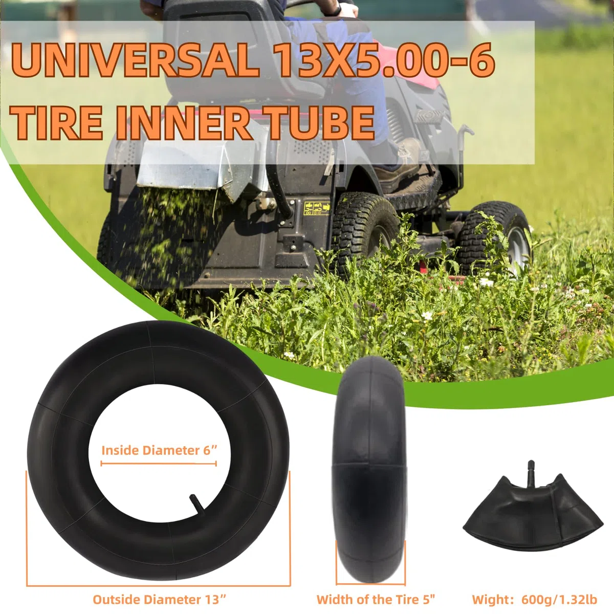 Pack de 2 tubos 13 x 5,00-6, tubo de carretilla 13x5x6, 5,00-6, apto para tractor cortacésped, cortacésped de asiento, carretilla, cortacésped, carro de mano