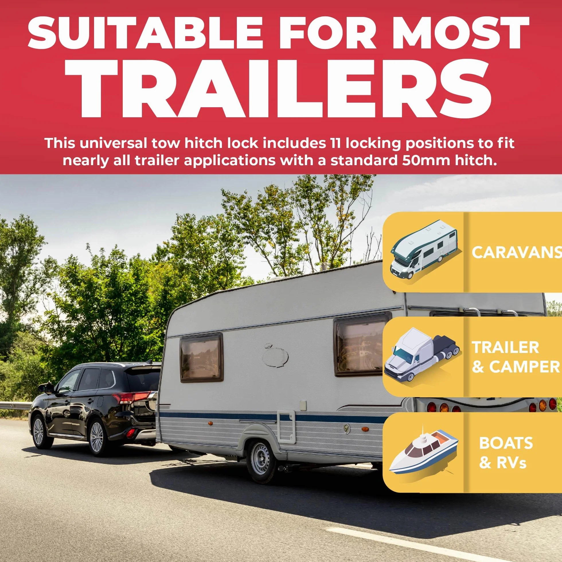 GADLANE Cerradura de enganche de remolque – Robusta cerradura de enganche para caravana con 6 posiciones de bloqueo para una fácil instalación, hecho de aluminio resistente – Kit de seguridad para