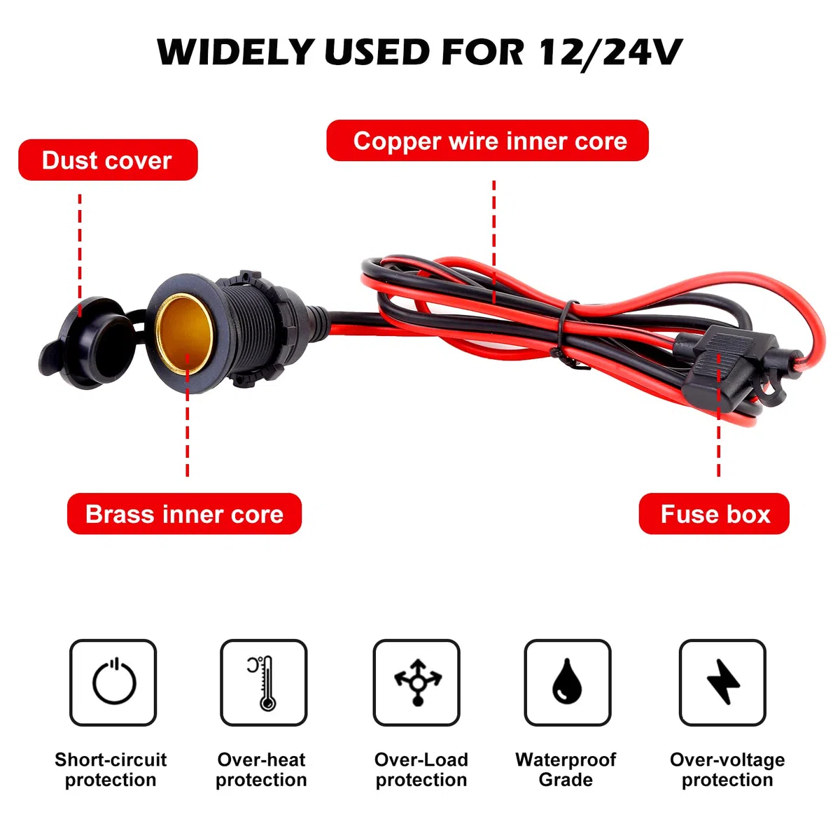 Toma De Encendedor,3 Piezas Zócalo del Encendedor de Cigarrillos,Enchufe Mechero Impermeable 12V / 24V DC,Waterproof Marine Grade,Toma de Mechero para Motocicleta ATV RV,con Cable de Conexión de 0,6m