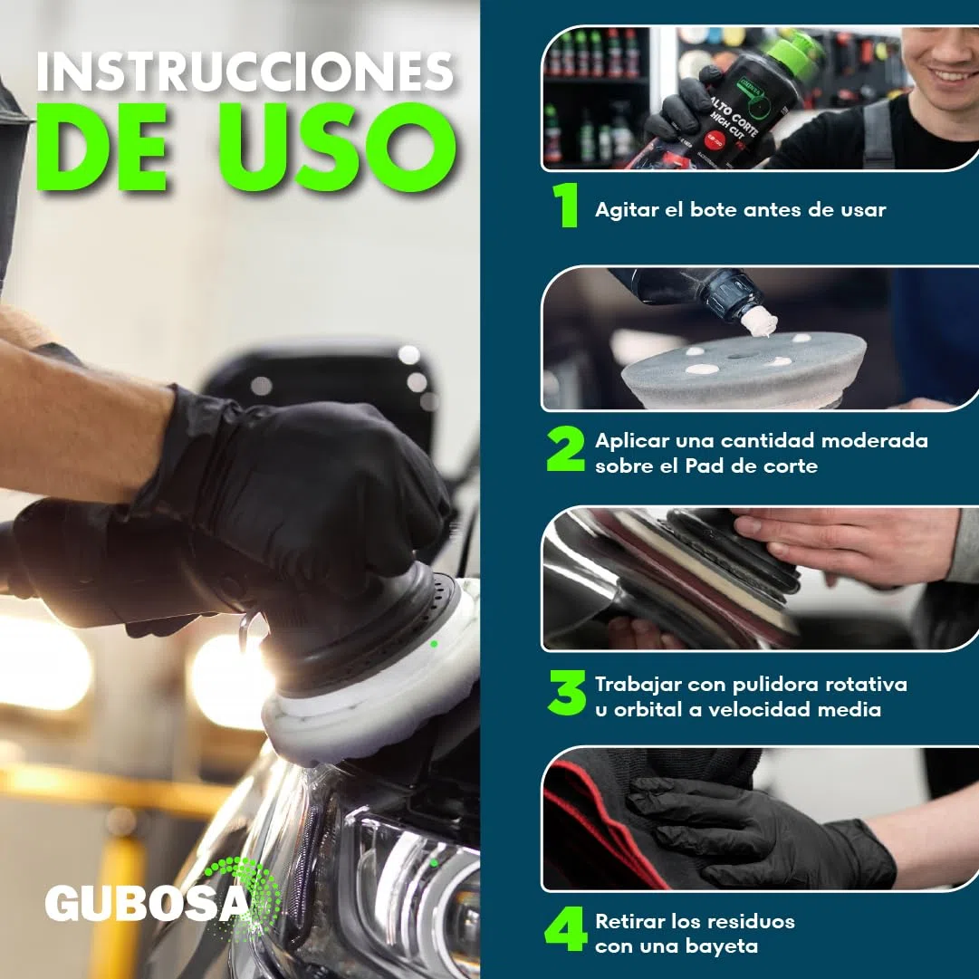 Pulimento coche alto corte para carroceria quita arañazos coche polish profesional high cut eliminador de oxido metal y rayones para arañazos detailing coche uso con pulidora 500 ml | GUBOSA