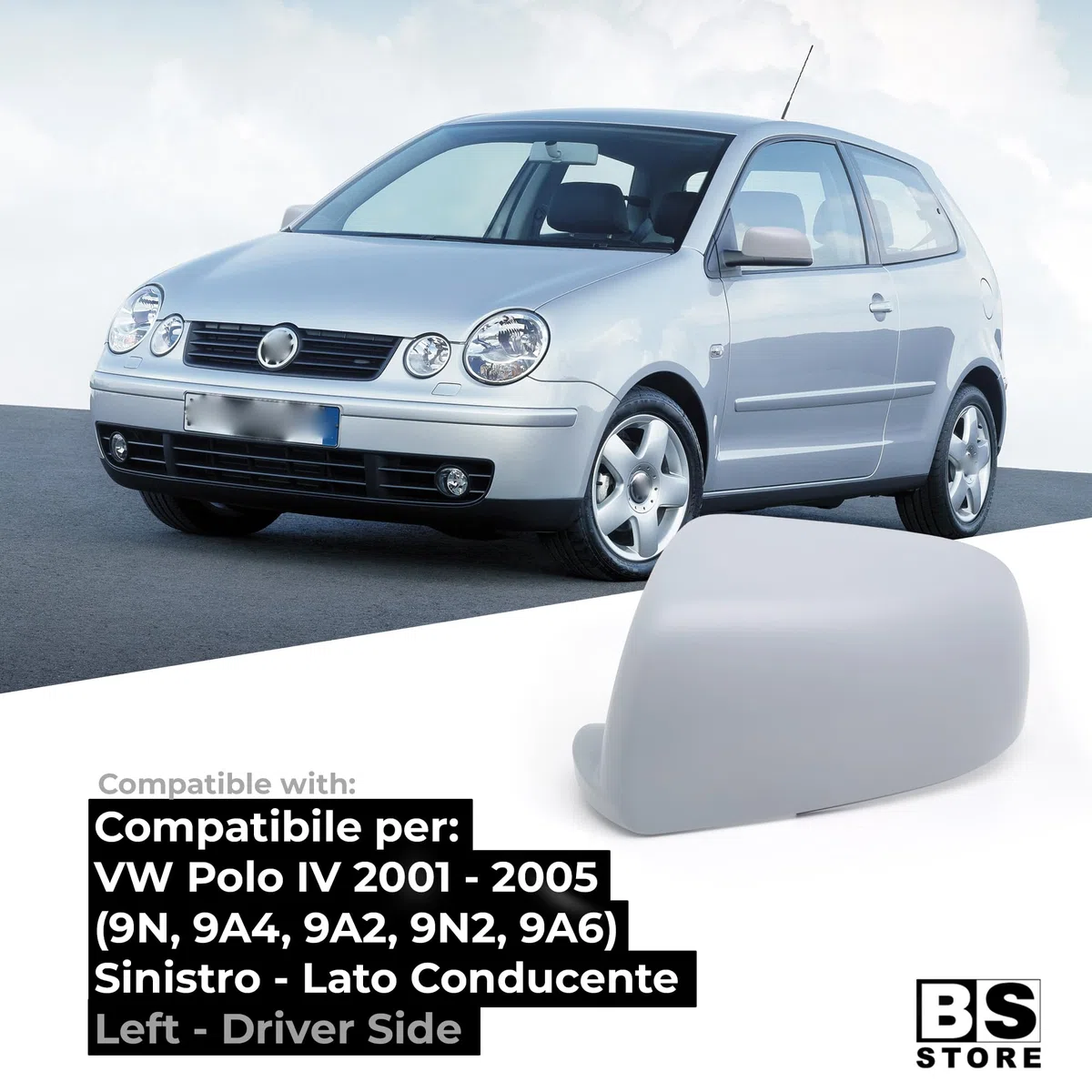 BSSTORE Carcasa de espejo retrovisor para pintar con imprimación para Polo IV (9N) 2001-2005 (izquierda - lado conductor)