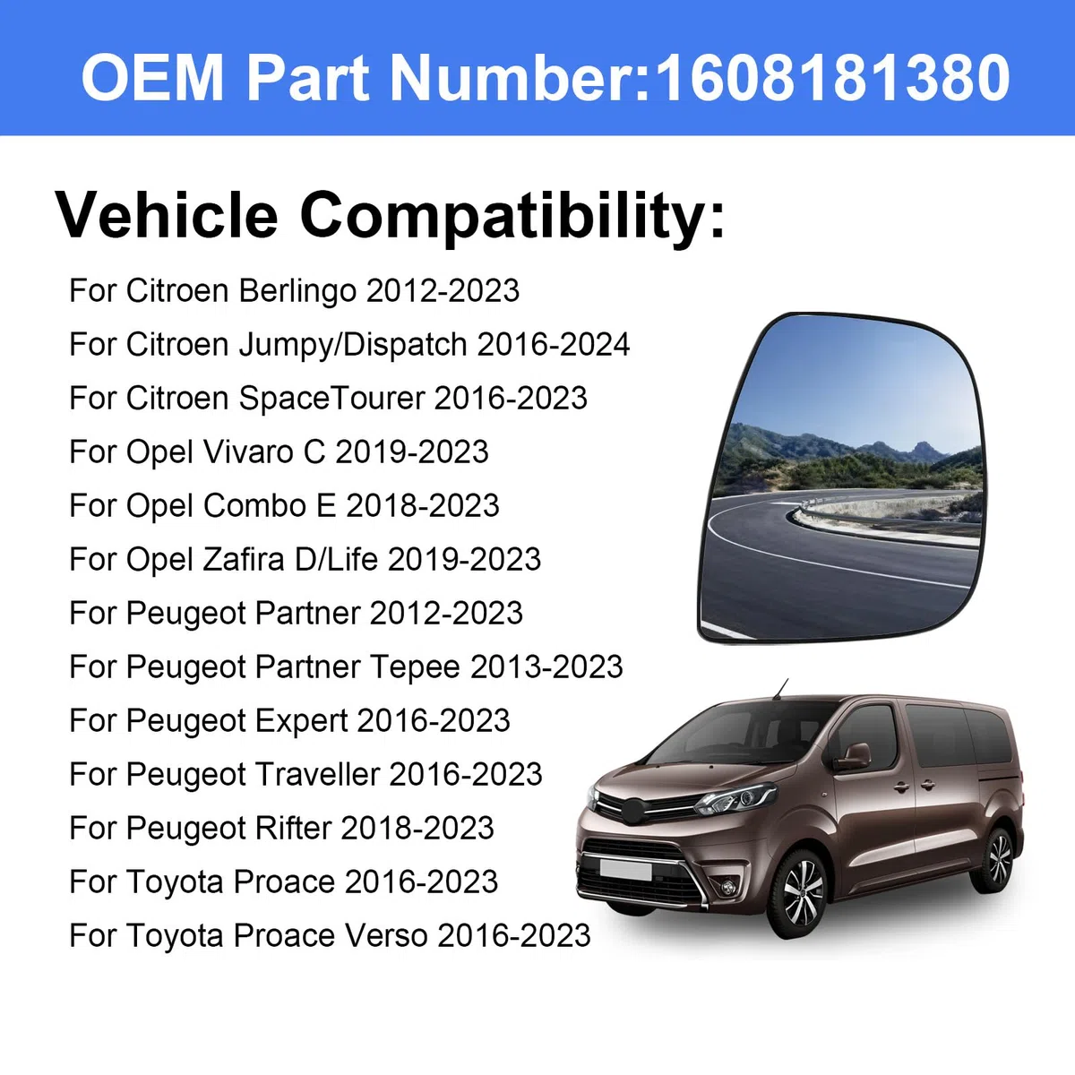 Mingke Cristal Espejo Retrovisor Derecho para Citroen Berlingo Peugeot Partner 2012-2023 Opel Vivaro C 2019-2023 Combo E 2018-2023 Retrovisor Exterior Calefactable Ajustable