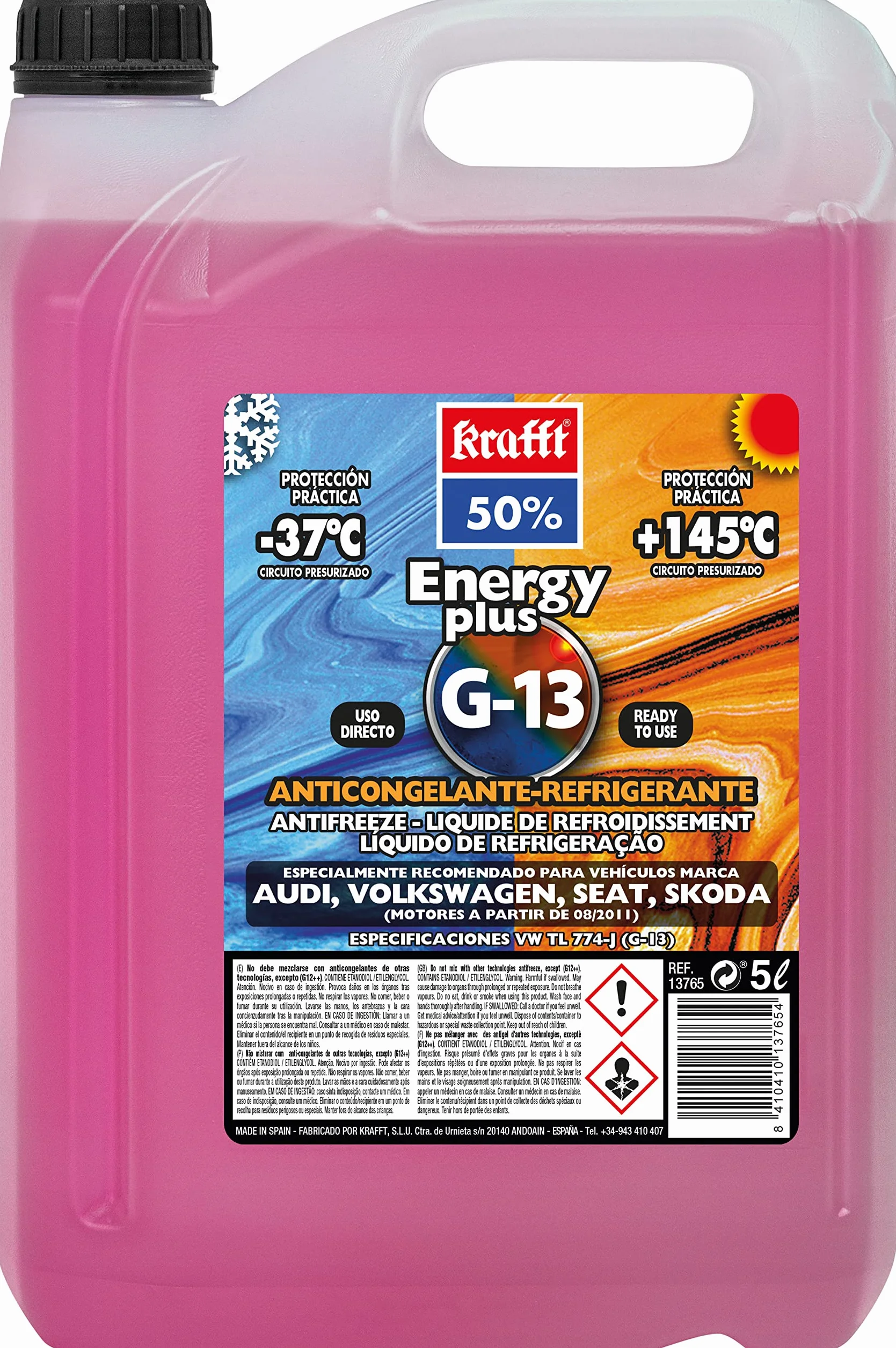 Krafft Anticongelante G13 con Tecnología Híbrida Si-OAT – Protección Integral para Motores del Grupo VAG – Larga Duración y Máximo Rendimiento – Biodegradable – 5L
