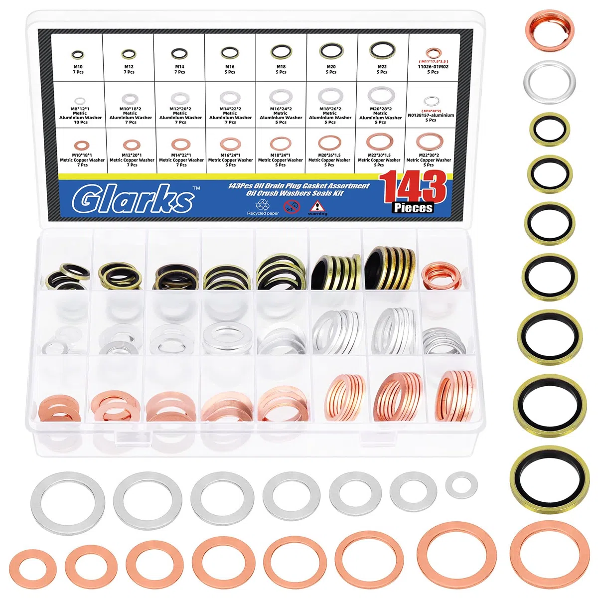 Glarks 143pcs 10 tamaños Automotive Oil Drain Plug Kit M8 M10 M12 M14 M16 M18 M20 M22 Aluminio Cobre Acero Aceite Crush Washer Seal Oil Drain Plug Crush arandela