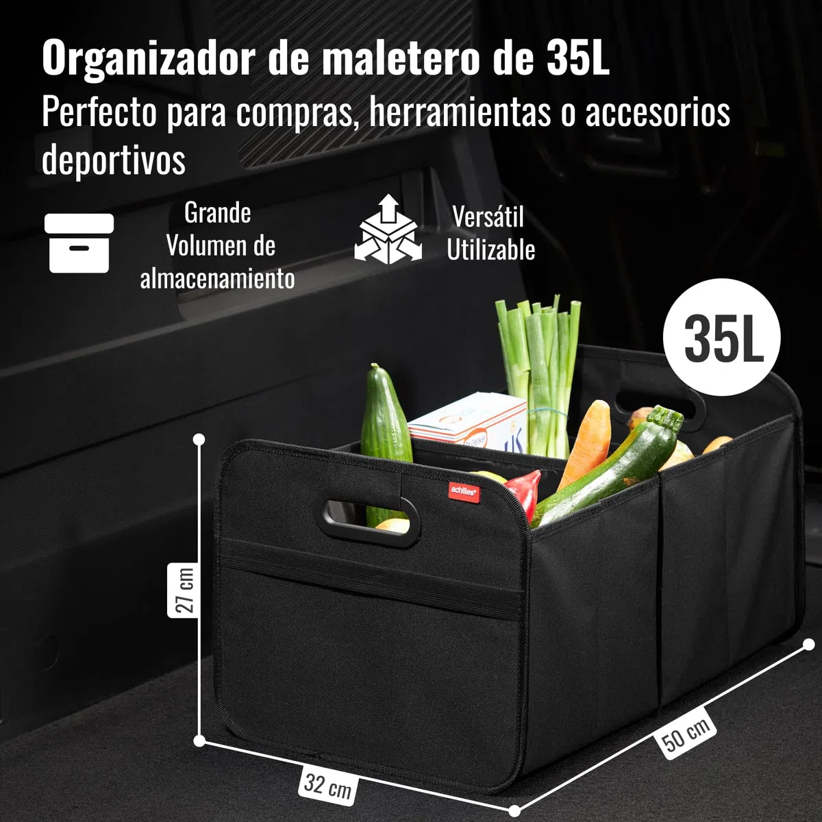 achilles Organizador de Maletero Coche – Caja Plegable XL con Bolsillo de Red – Compacta y Repele Agua – Ideal para Almacenaje Versátil – Accesorios Coche Interior – Negro – 50cm x 32cm x 27cm