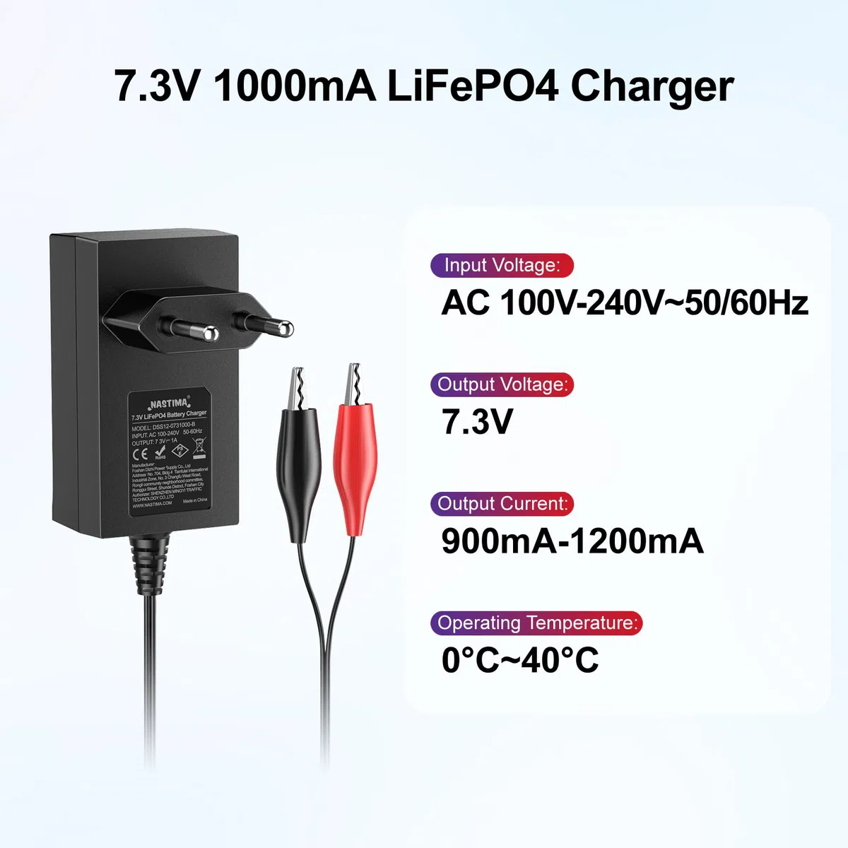 NASTIMA Cargador 7,3V 1000mA LiFePO4 para Baterías LiFePO4 de 6V 4Ah/4,5Ah/6Ah/7Ah/12Ah, con Protección contra Cortocircuitos, Sobrecorriente y Sobretensión, y luz Indicadora de Carga