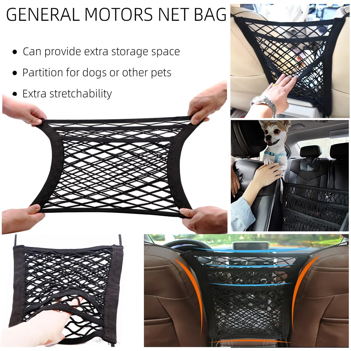 Red Maletero de Coche, Incluir 1 Almacenamiento Red se Extiende hasta 150x120CM y 1 con 3 Capas de Almacenamiento para Asiento de Coche 29 x 27 CM, 4 Mosquetones, Organizador Malla