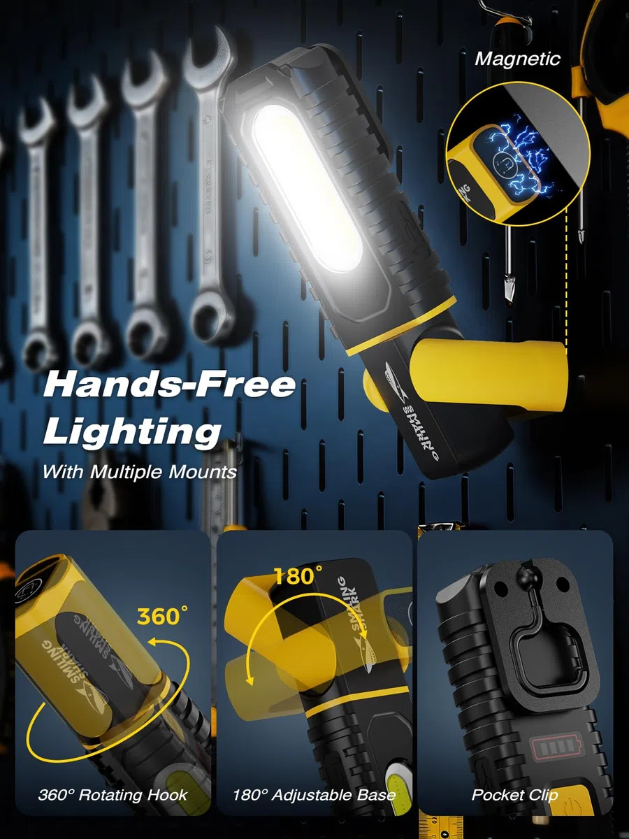 Smiling Shark Linterna de Trabajo, LED Lámparas de Inspección 1200mAh Recargable con Gancho y Clip 5 Modos de Luz Portátil Luz de Trabajo Magnética para Reparación Garajes Taller (Paquete de 1)