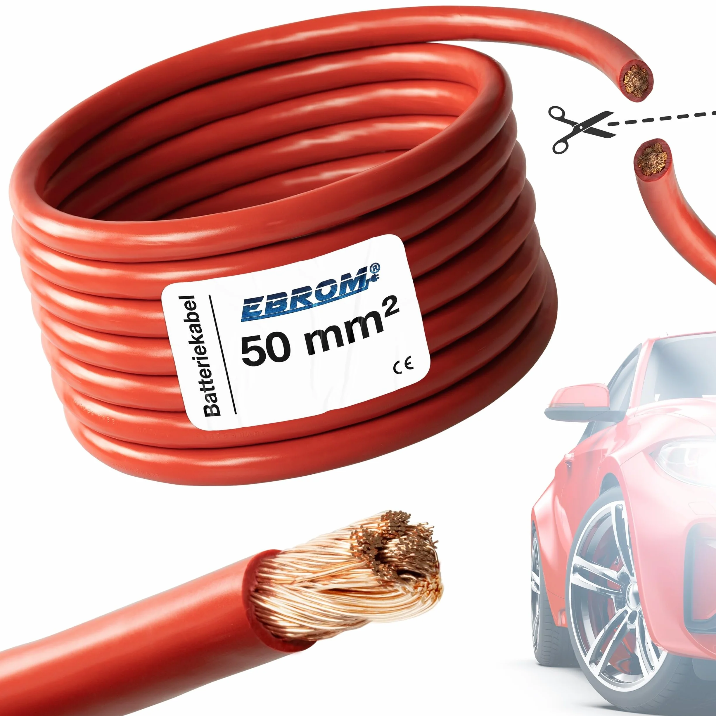 EBROM Cable de vehículo FLY – Cable de batería rojo – Sección 50 mm² – Por metro – Flexible 90 ± 5 Shore – 100% cobre – Funda de PVC especial FLY FLRy – Cable de vehículo en 50 mm²