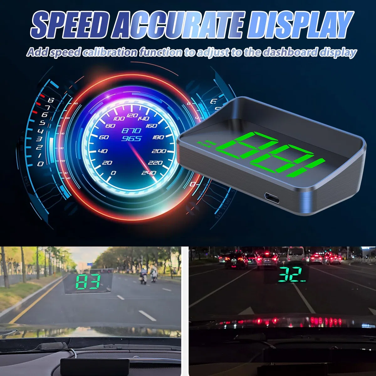 Tacómetro digital HUD Velocímetro: GPS Beidou medidor de velocidad, interfaz USB Plug and Play, proyector de parabrisas, compatible con todos los vehículos