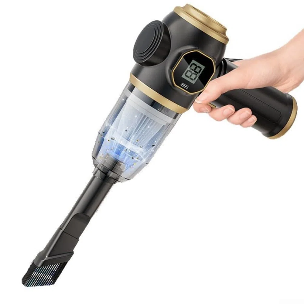 Aspirador de coche con batería de 1500mAh y potencia de 55W para uso en vehículos y hogar con pantalla (NEGRO)