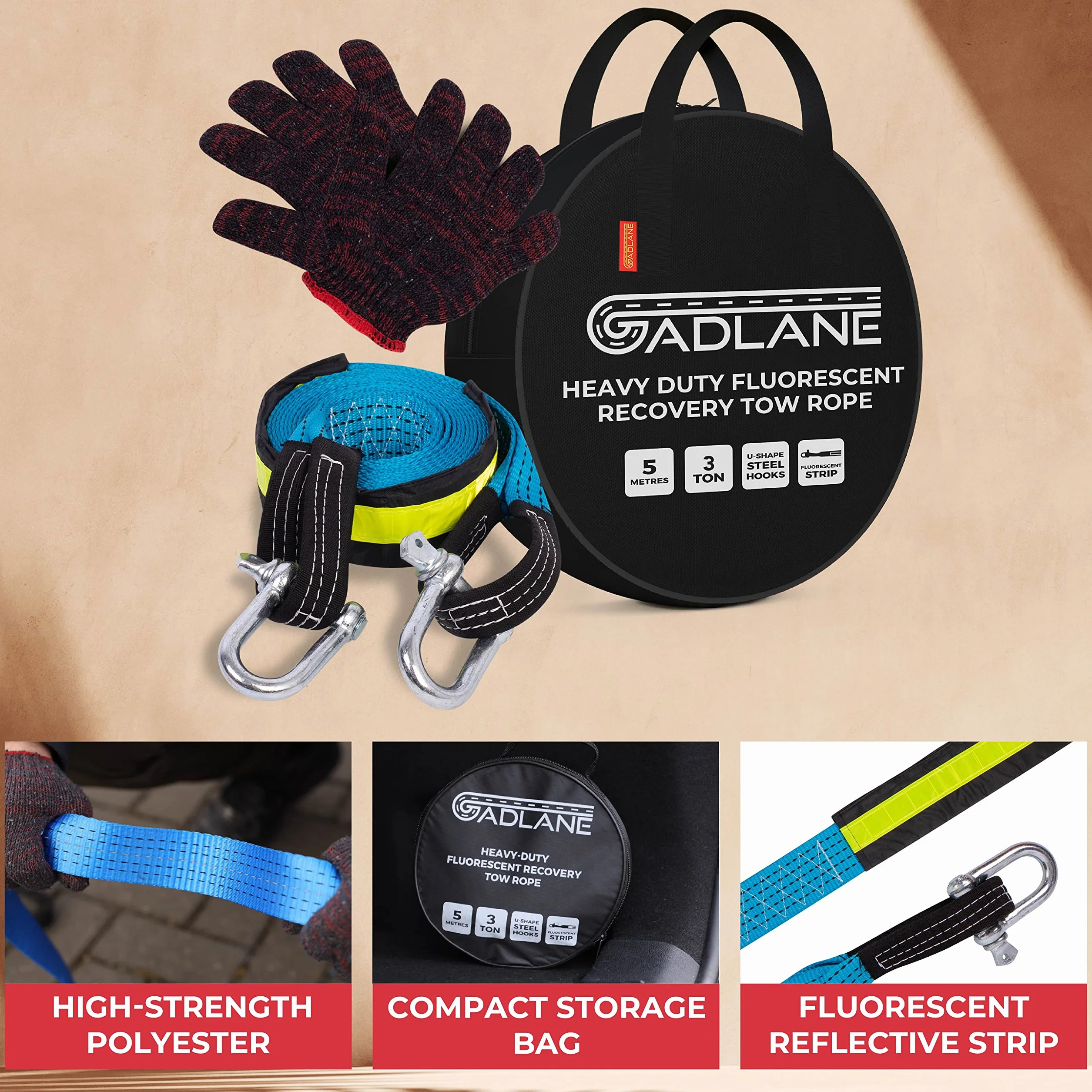 GADLANE Alta Resistencia Cuerda De Remolque con Tiras Reflectantes Dos Ganchos De Seguridad Guantes Y Bolsa De Almacenamiento Incluidos - 8 Toneladas - 5 Metros De Largo