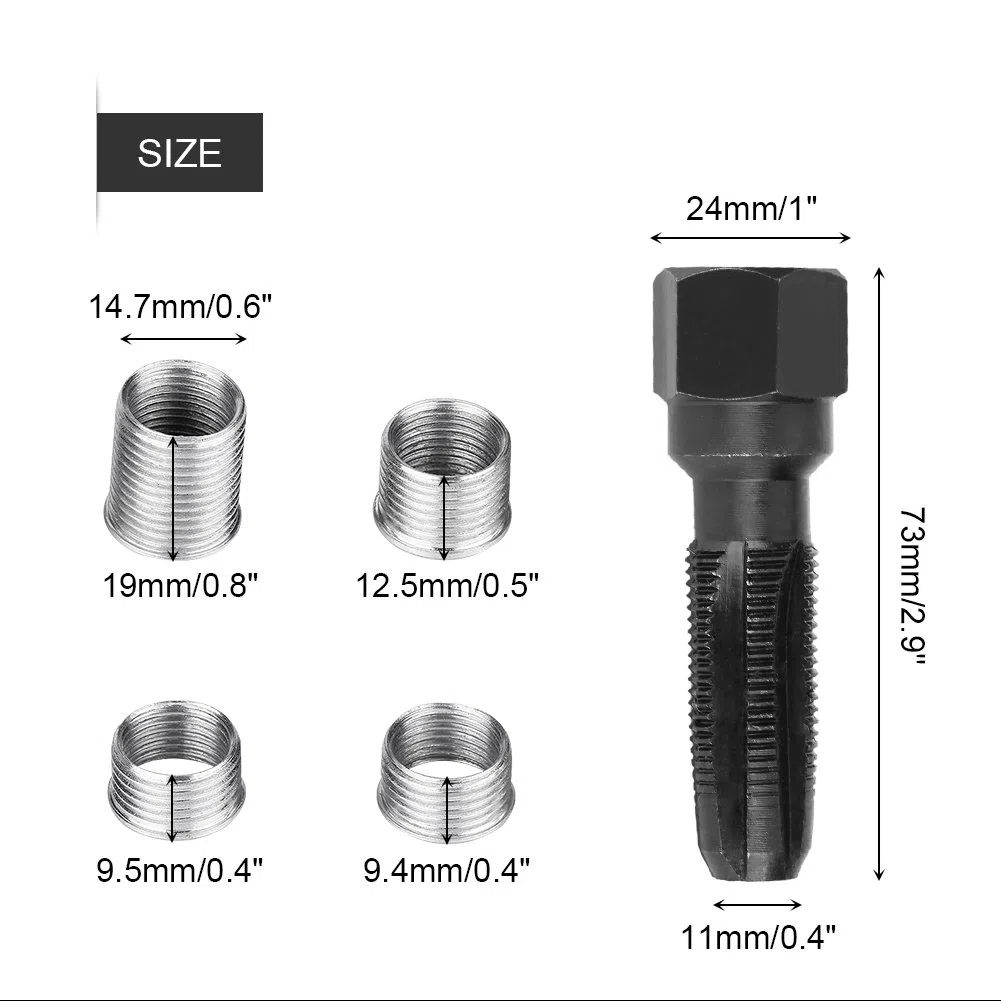 Kit de reparación de roscas de bujías, 5 piezas de acero al carbono, herramientas de roscado de bujías con rciones para reparación de bujías de 14 mm