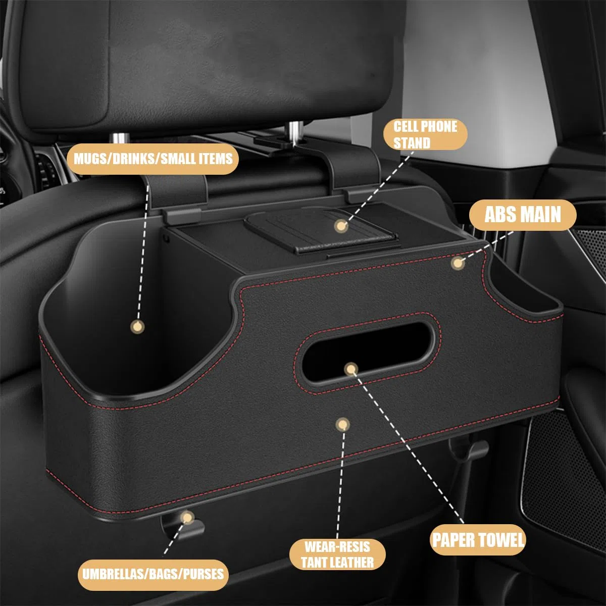 CGEAMDY Organizador Multifunción Para Asiento Trasero De Coche, Práctico Organizador De Coche Con Reposacabezas, Organizador Reposacabezas Asiento Trasero Con Portavasos, Caja De Pañuelos, Gancho
