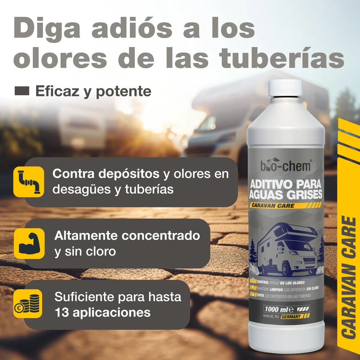 Bio-Chem - Aditivo para depósitos de Aguas Grises de 1L - Aditivo para depósitos de Agua de Furgonetas Camper, WC caravanas - Agente Limpiador para depósitos de Agua