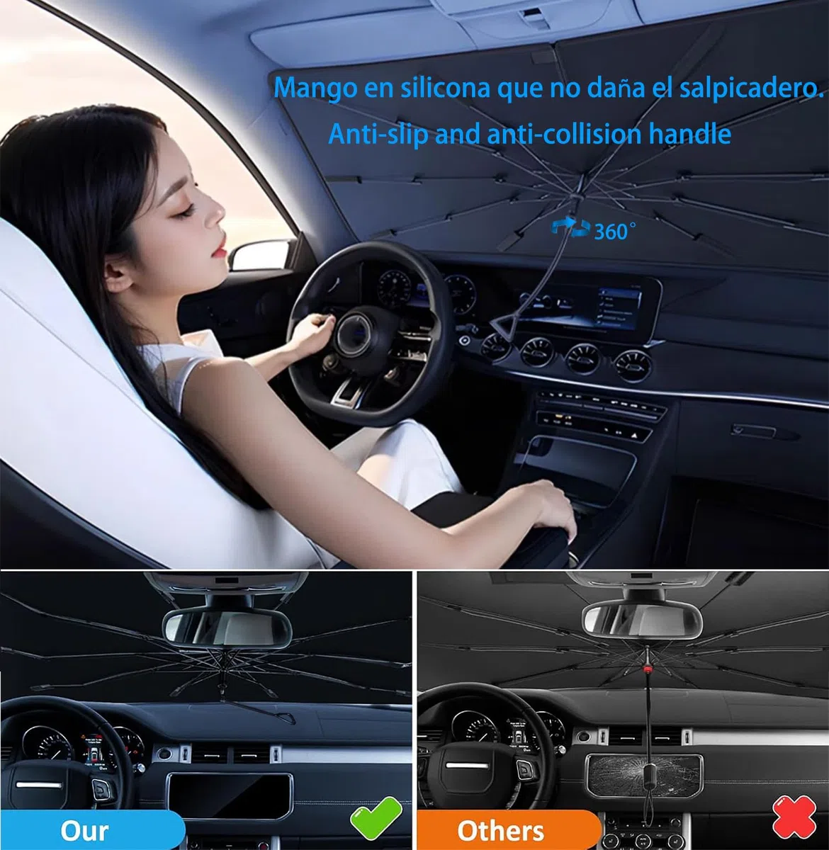 Parasol Coche Delantero Tipo Paraguas, Sombrilla Plegable con Protección UV Total, Bloqueo de Calor Térmico para Parabrisas. Reflector Solar Universal para Coche, SUV y Camioneta
