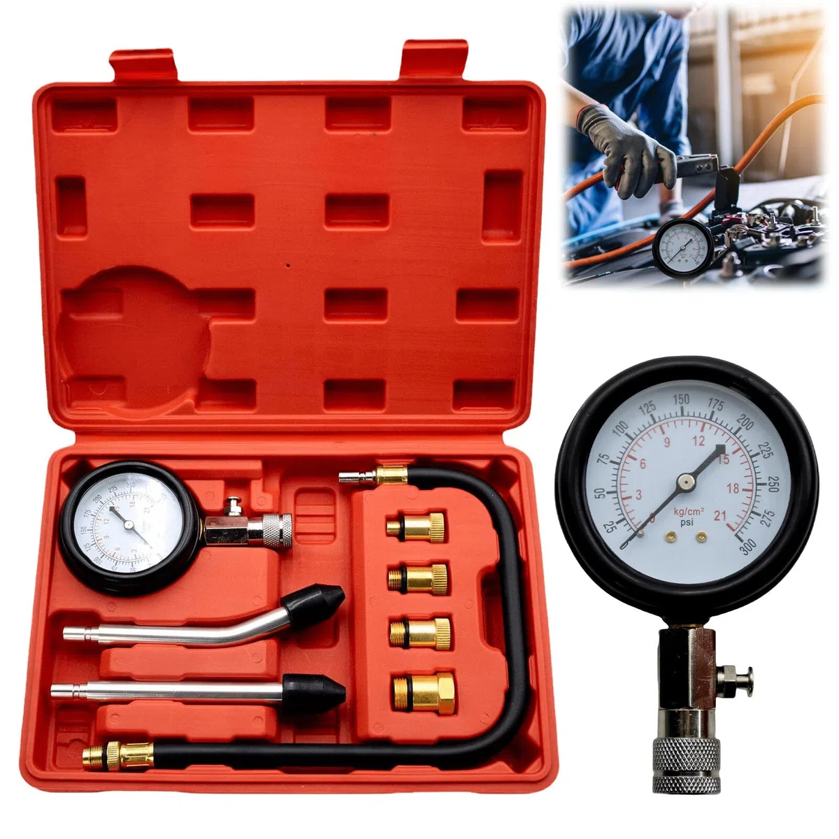 compresión probador kit de comprobador de compresión, medidor de gasolina, manómetro herramienta para motocicletas, motores fuera de borda, motos de nieve, coches