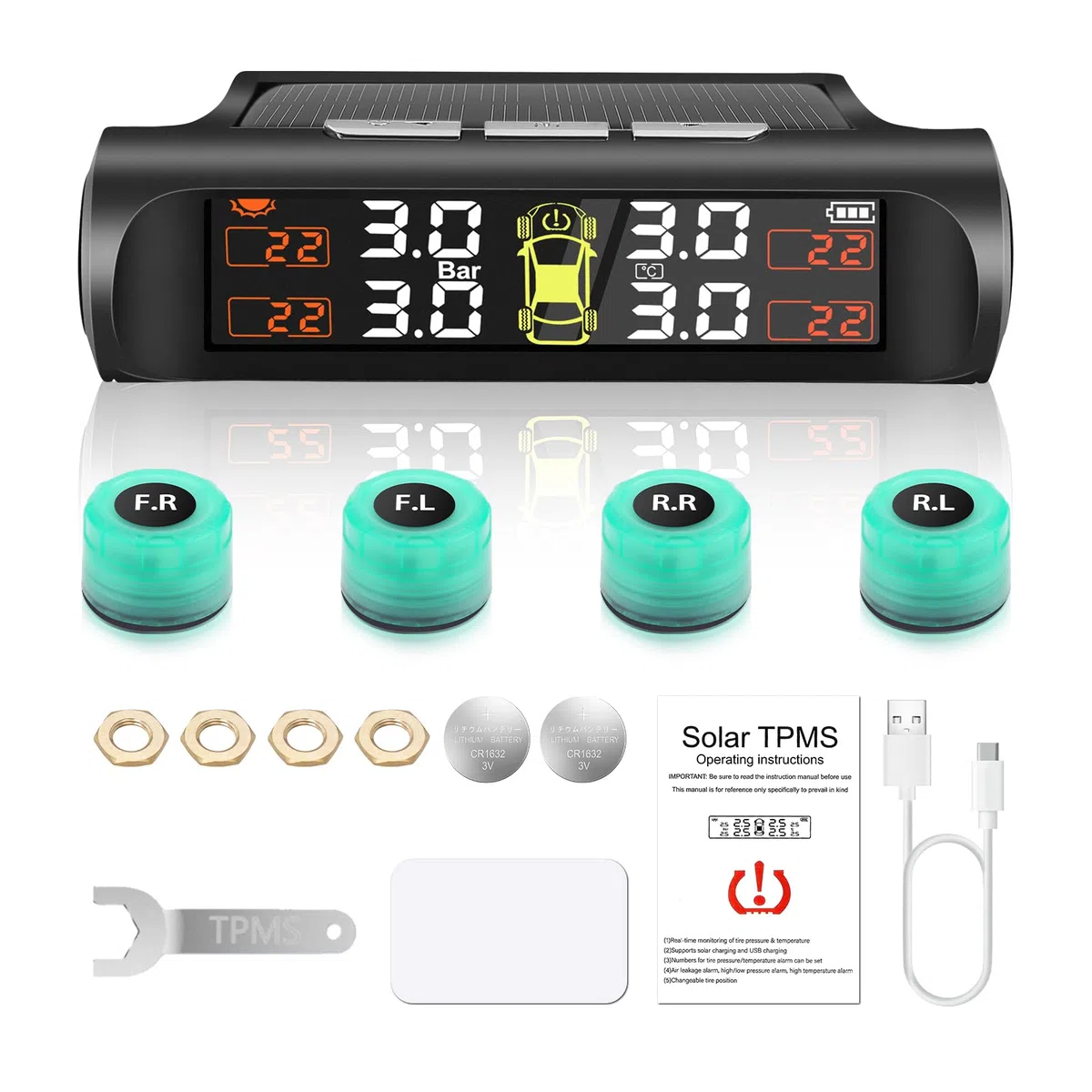 TPMS Sistema de control de presión de neumáticos 6 Bar, monitor de presión de neumáticos solar con sistema de alarma con 4 sensores iluminados para camiones y autocaravanas