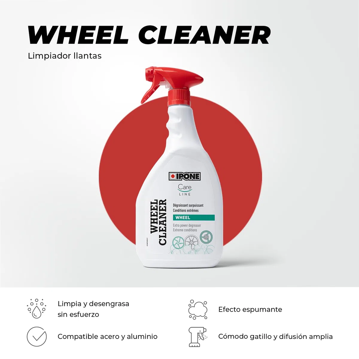 IPONE - Limpiador Llantas Superpotente Wheel Cleaner - Desengrasa y Limpia Sin Esfuerzo - Amplio Pulverizador - 1L