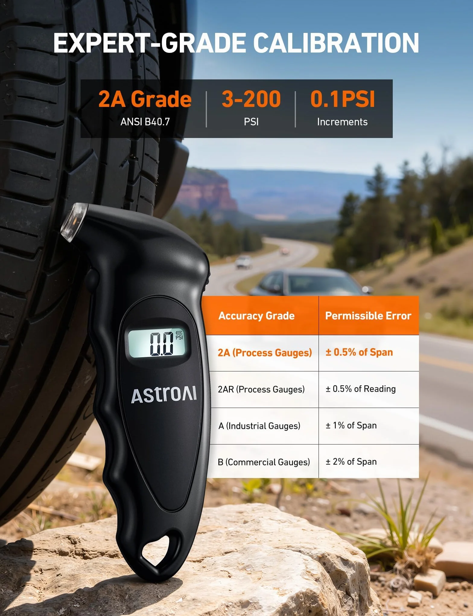 AstroAI Manómetro Digital de Neumáticos con Pilas AAA Reemplazables, 150 PSI 4 Ajustes Rellenos de Calcetines para Coche, Camión, Bicicleta, LCD Retroiluminado, Accesorios para Coches, Negro
