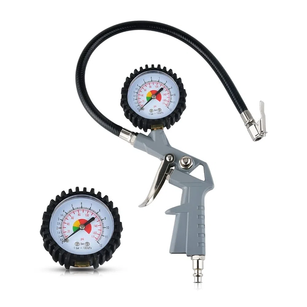 Inflador de aire comprimido 0-12 bar/170 PSI, manómetro de presión de neumáticos para coche, moto (gris)