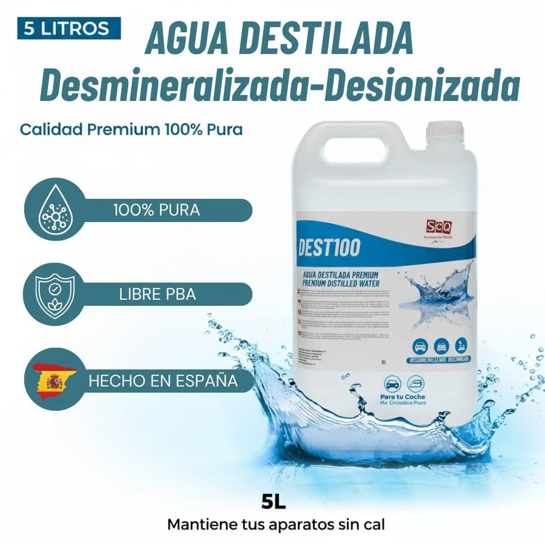 Agua destilada 100% pura 5 L, ideal para baterias, planchas, humidificadores, limpieza, motores, CPap, laboratorios. Agua desmineralizada, agua desionizada. conductividad inferior a 1 microS.