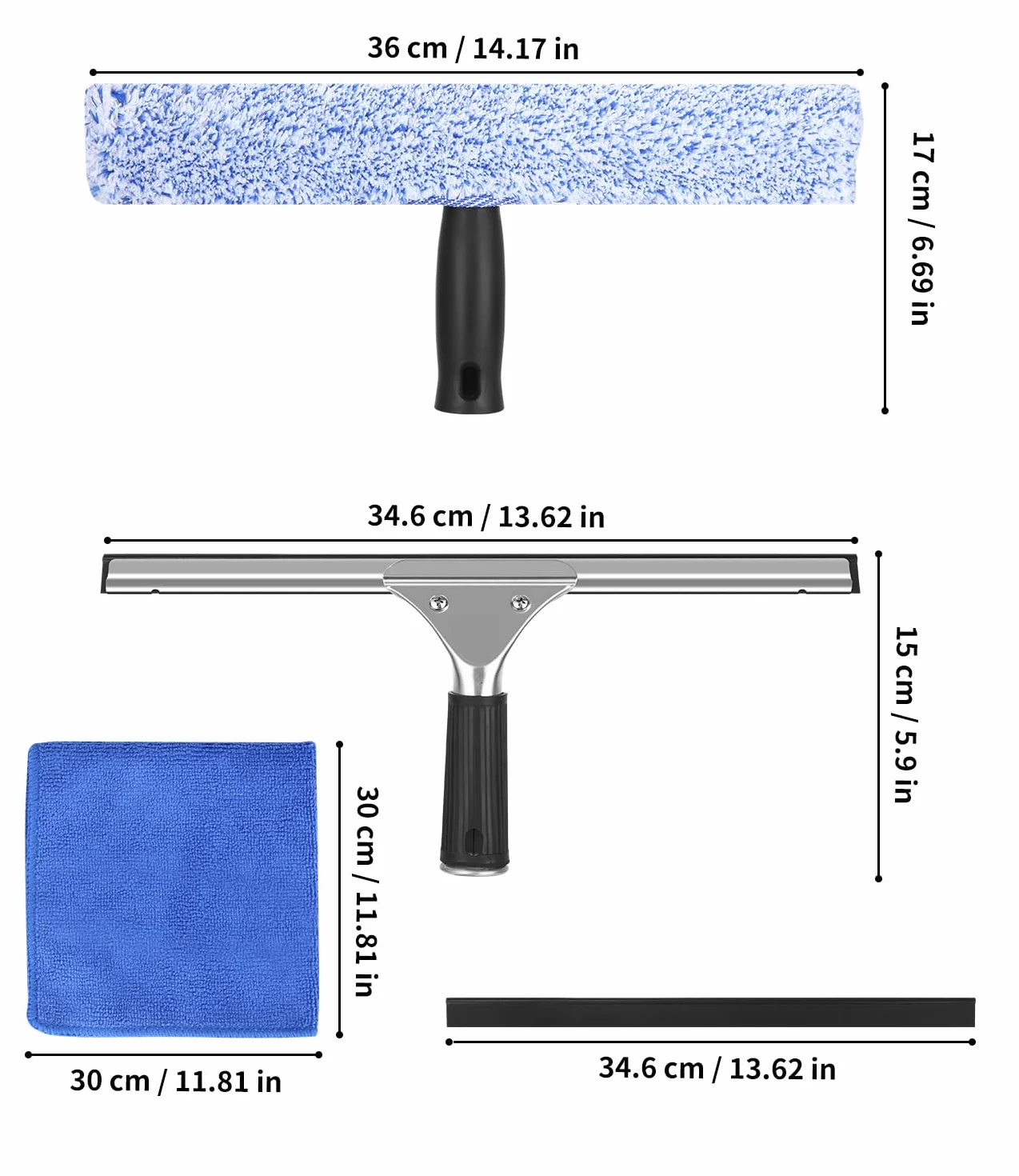 Limpiacristales Profesional 8 Piezas, Limpiador de Ventanas de Acero Inoxidable con Escobilla de Silicona & Paños de Microfibra, Kit de Limpieza de Ventanas con Gancho para Baño, Coche, Ventana